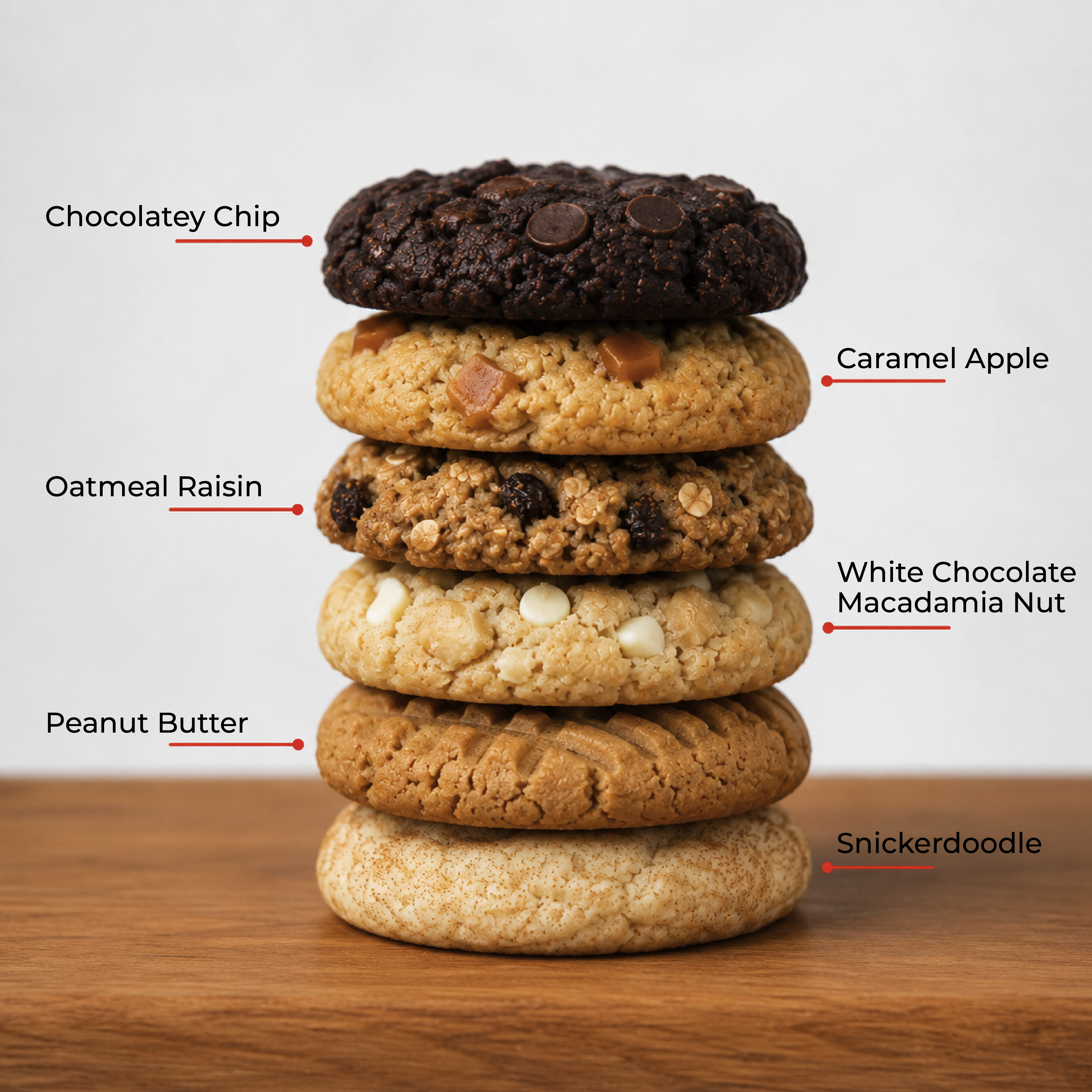 A stack of six David's Cookies flavors: Chocolatey Chip, Caramel Apple, Oatmeal Raisin, White Chocolate Macadamia Nut, Peanut Butter, and Snickerdoodle.